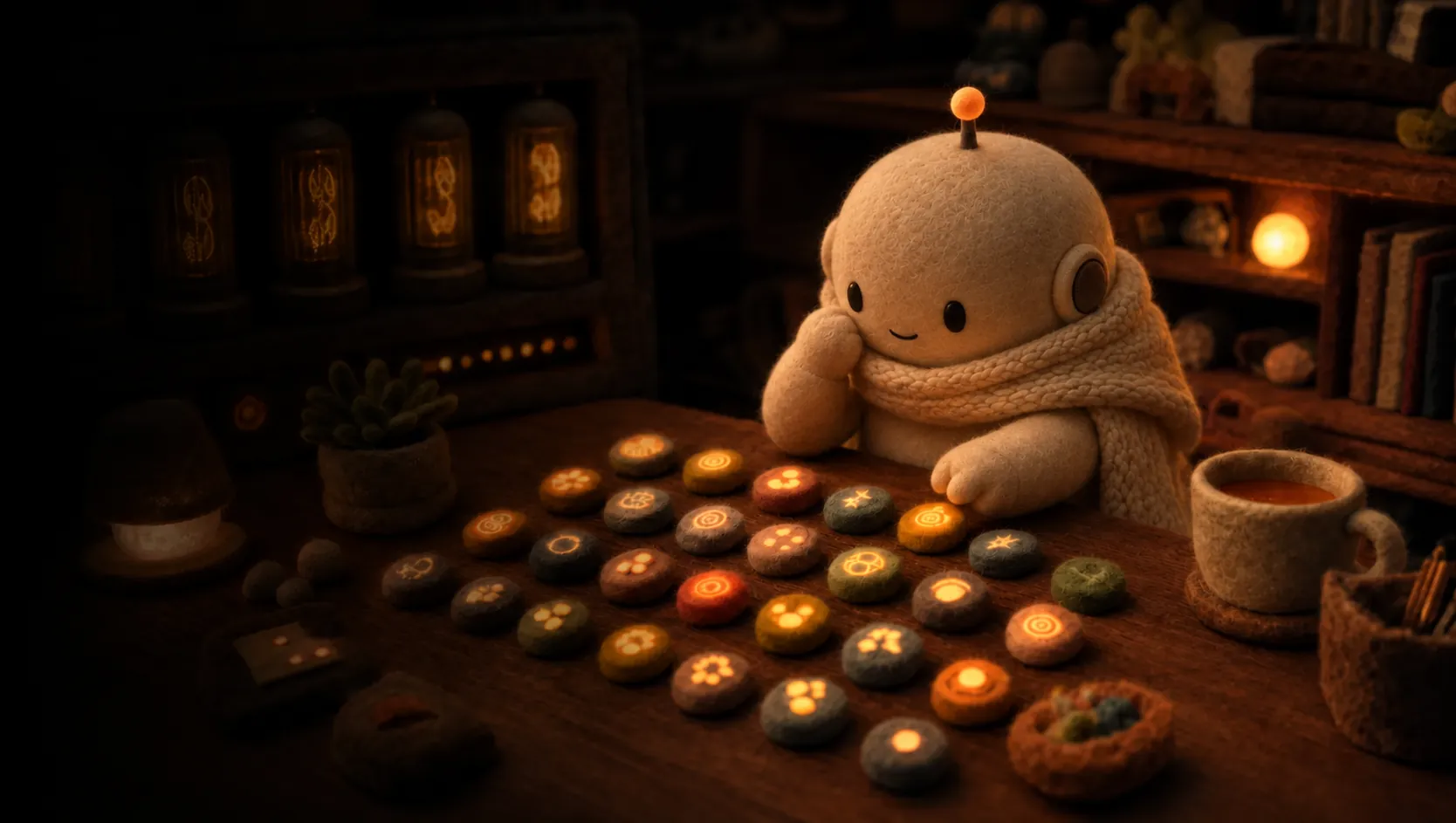 Comfucius looking over a table of glowing tokens