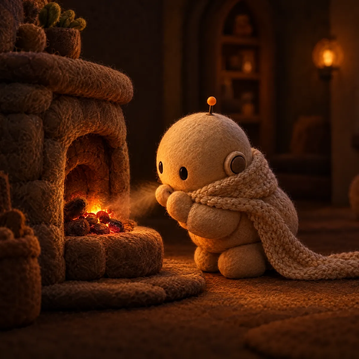 Comfucius warming his hands by the fireplace