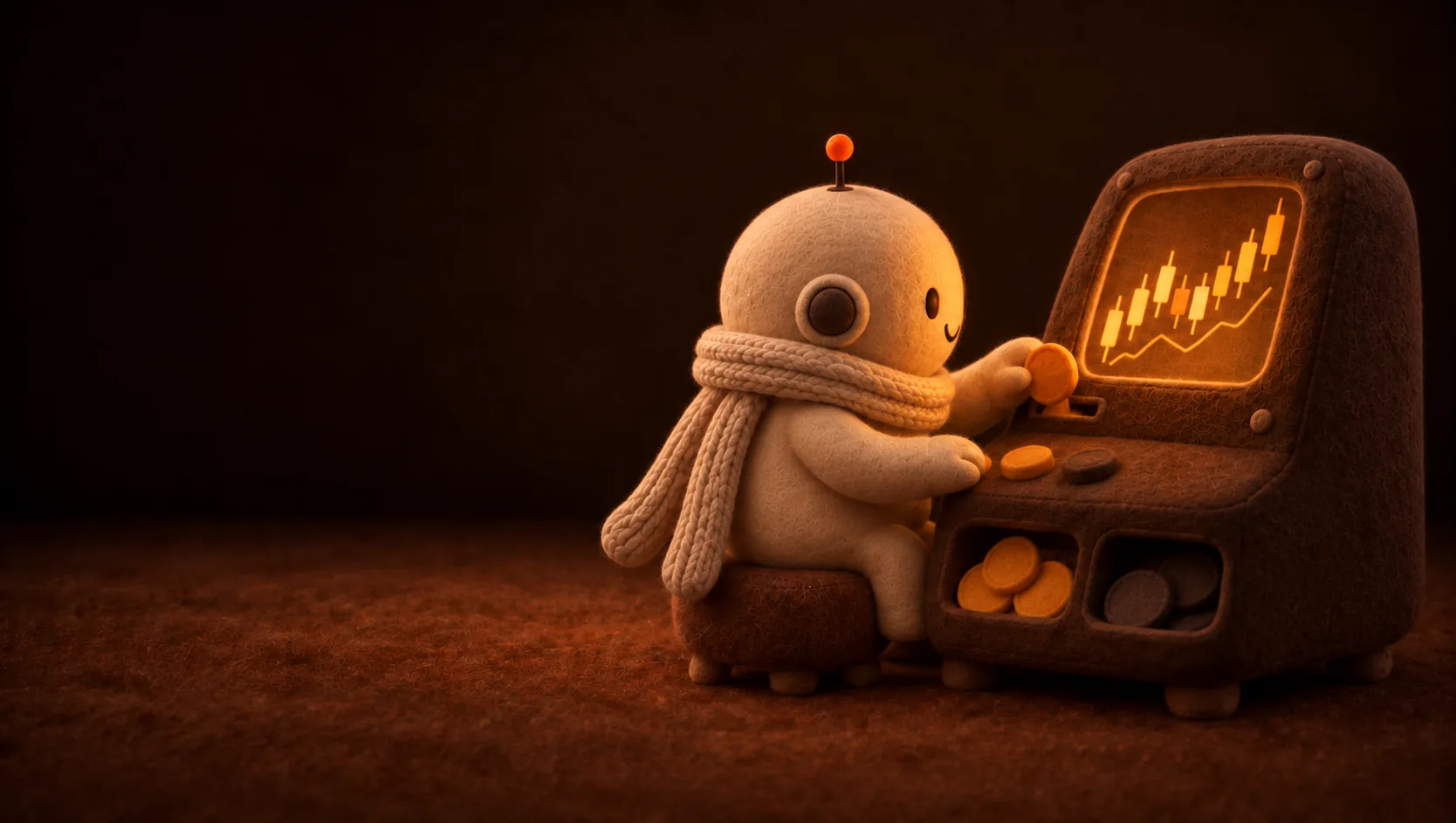 Comfucius feeding coins into a candle-chart arcade